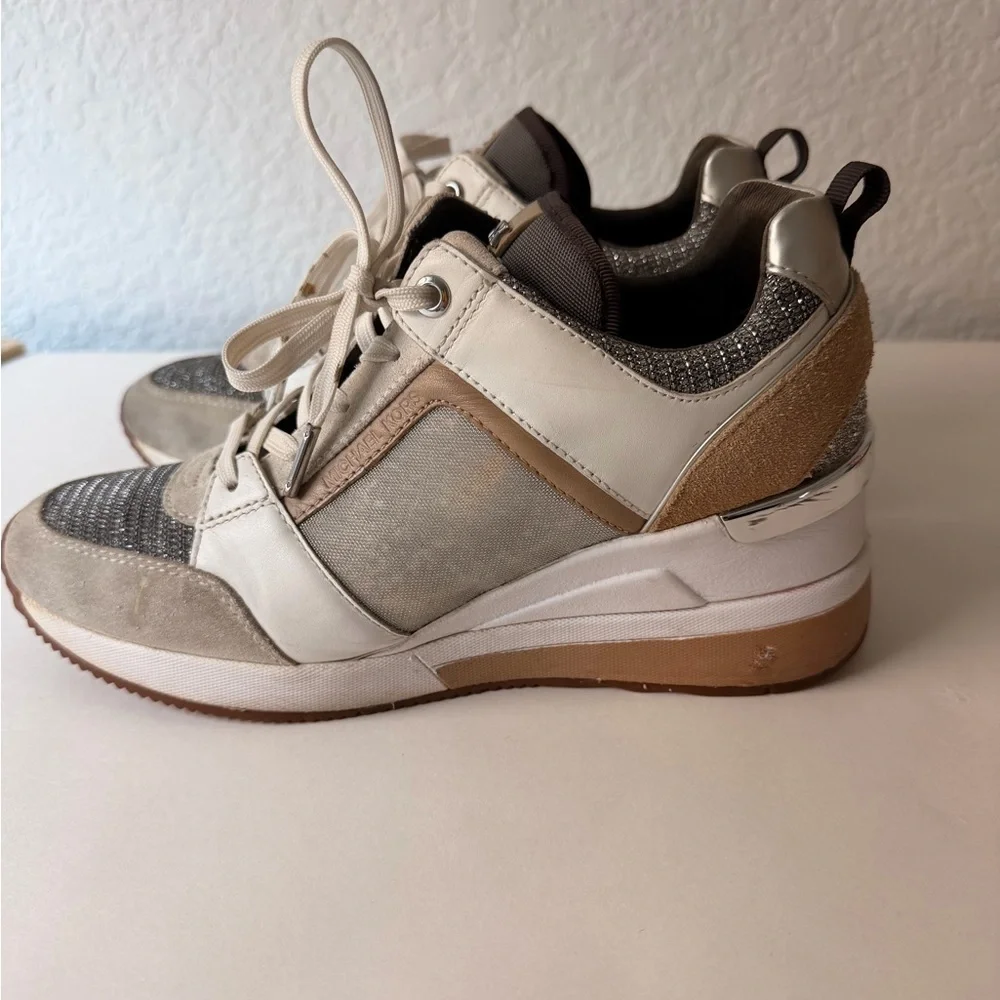 Michael Kors Georgie Mixed-Media Trainers | Silver & Tan Sneakers